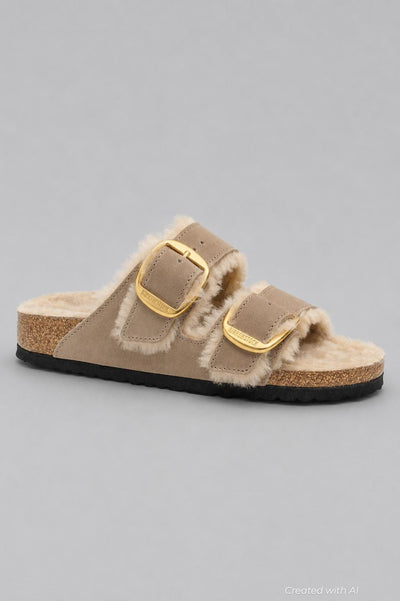 Women’s Big Buckle Arizona Shearling Slide Sandals - Tobacco - 8 8.5 US / 39 EU - Sandal