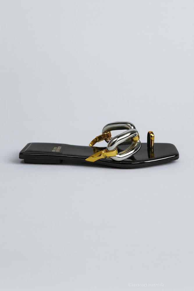 Women’s Big Link Flat Sandals - Black Patent Combo - Sandal