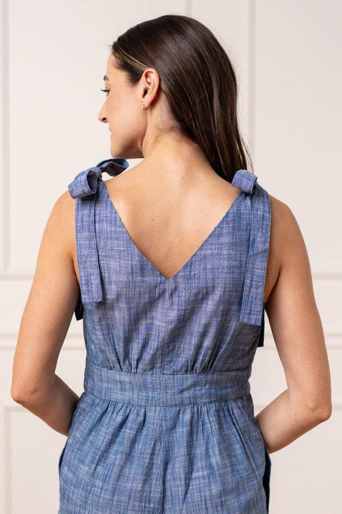 Women’s Bow Shoulder Organic Jumpsuit - Blue Chambray - Jumpsuit