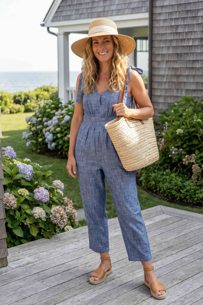 Women’s Bow Shoulder Organic Jumpsuit - Blue Chambray - Jumpsuit