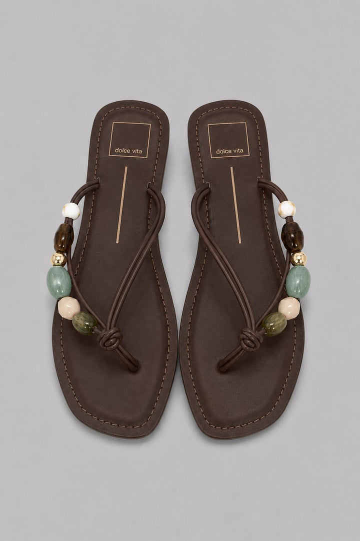 Women’s Cely Embellished Thong Sandals - Dark Brown Leather - Flip Flop