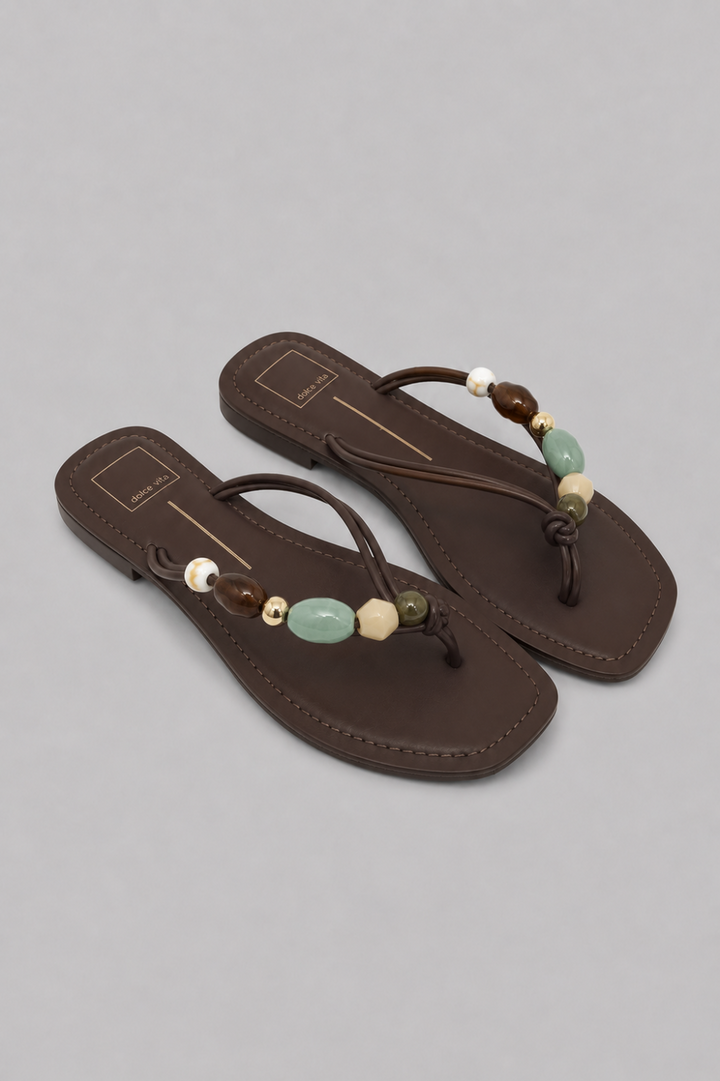 Women’s Cely Embellished Thong Sandals - Dark Brown Leather - Flip Flop