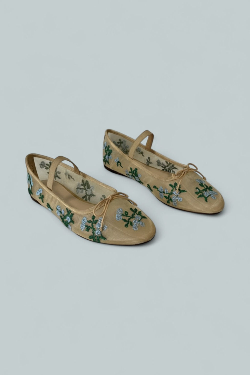 Women’s Floral Embroidery Mesh Ballet Flats - Caramel/Green/Blue - 10 - Flats
