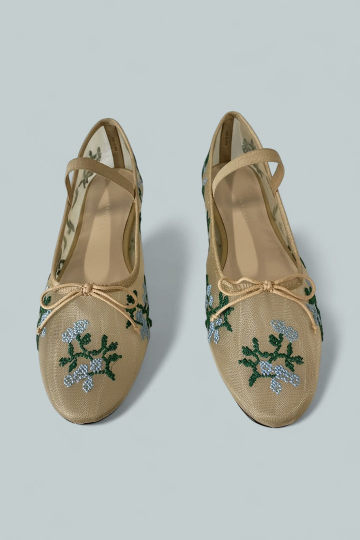 Women’s Floral Embroidery Mesh Ballet Flats - Caramel/Green/Blue - 10 - Flats