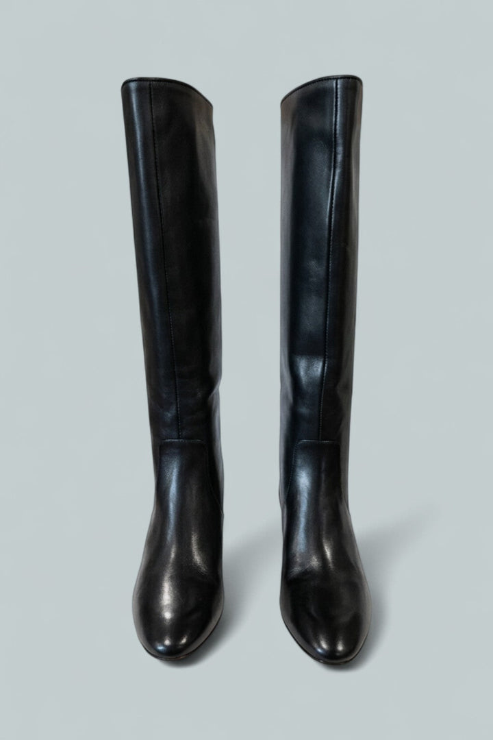 Women’s Gia Pointed Toe Knee-High Leather Mid-Heel Boots - Black - 6 - Boots