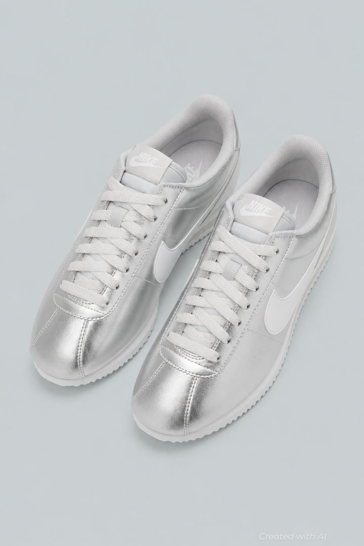 Women’s Nike Cortez Running Sneakers - Metallic Silver/White Grey Fog - 9 - Sneaker