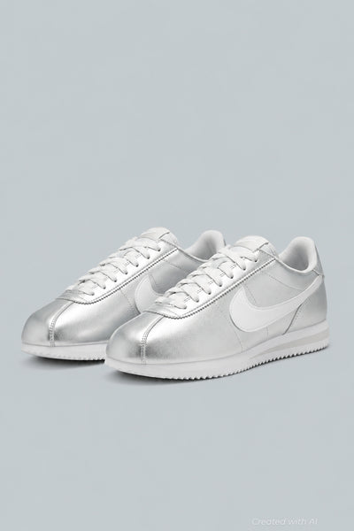 Women’s Nike Cortez Running Sneakers - Metallic Silver/White Grey Fog - 9 - Sneaker
