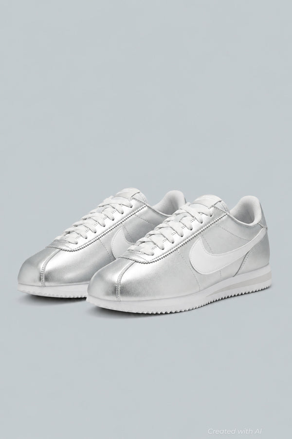 Women’s Nike Cortez Running Sneakers - Metallic Silver/White Grey Fog - 9 - Sneaker
