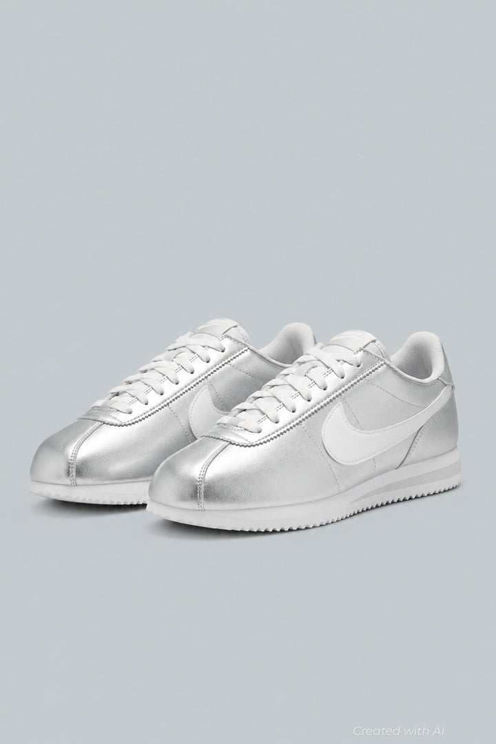 Women’s Nike Cortez Running Sneakers - Metallic Silver/White Grey Fog - 9 - Sneaker