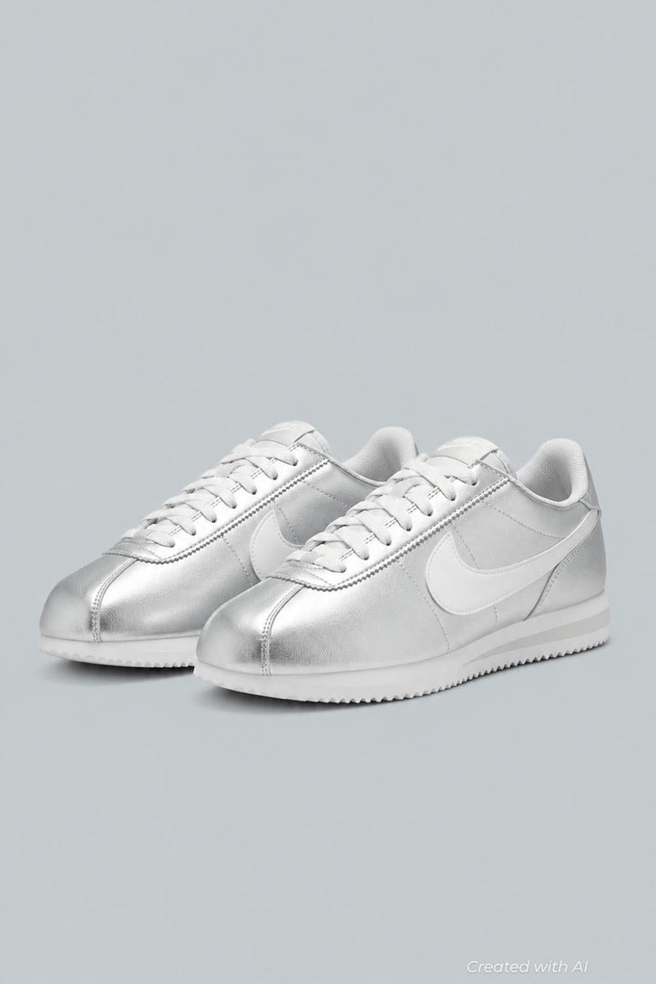 Women’s Nike Cortez Running Sneakers - Metallic Silver/White Grey Fog - 9 - Sneaker