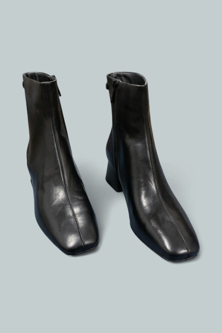 Women’s Paige Square Toe Block Heel Ankle Booties - Black Leather - Bootie