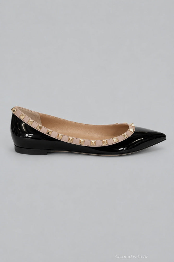 Women’s Rockstud Pointed Toe Ballet Flats - Black/Poud - Flats