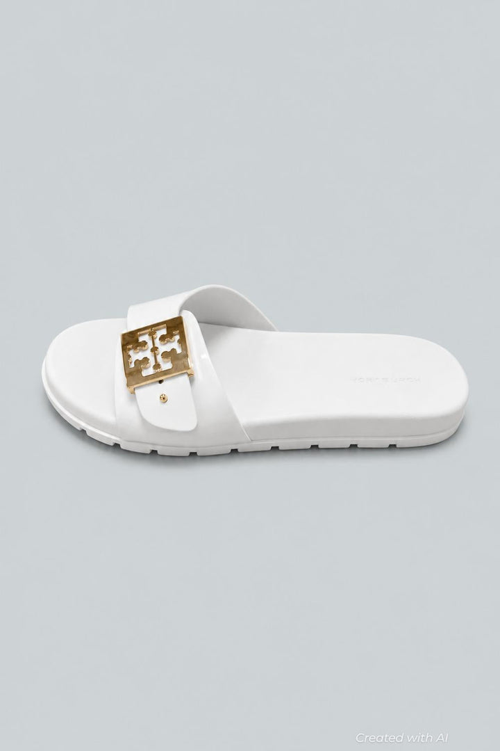Women’s Slip On Buckled Slide Sandals - White - 7 - Sandal
