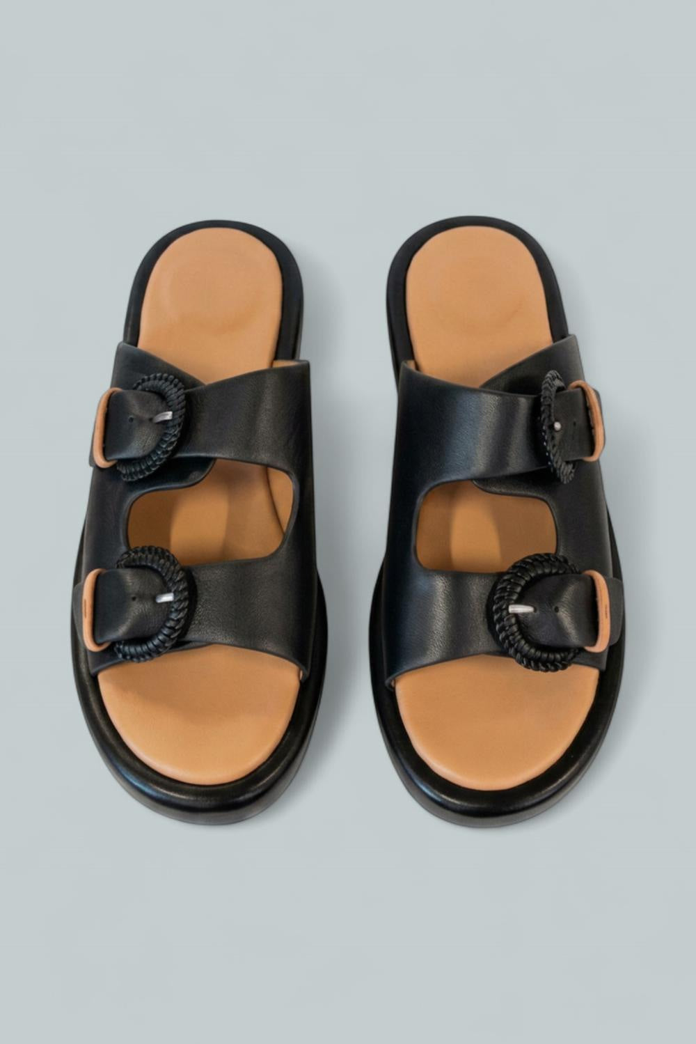 Women’s Theresa Double Buckle Platform Sandals - Black Leather - 8.5 - Sandal