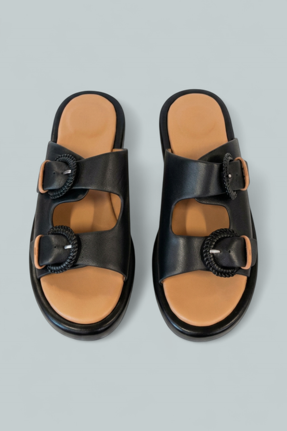 Women’s Theresa Double Buckle Platform Sandals - Black Leather - 8.5 - Sandal