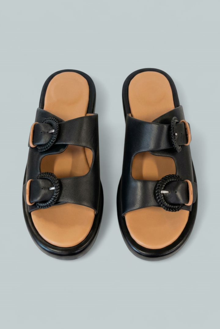 Women’s Theresa Double Buckle Platform Sandals - Black Leather - 8.5 - Sandal