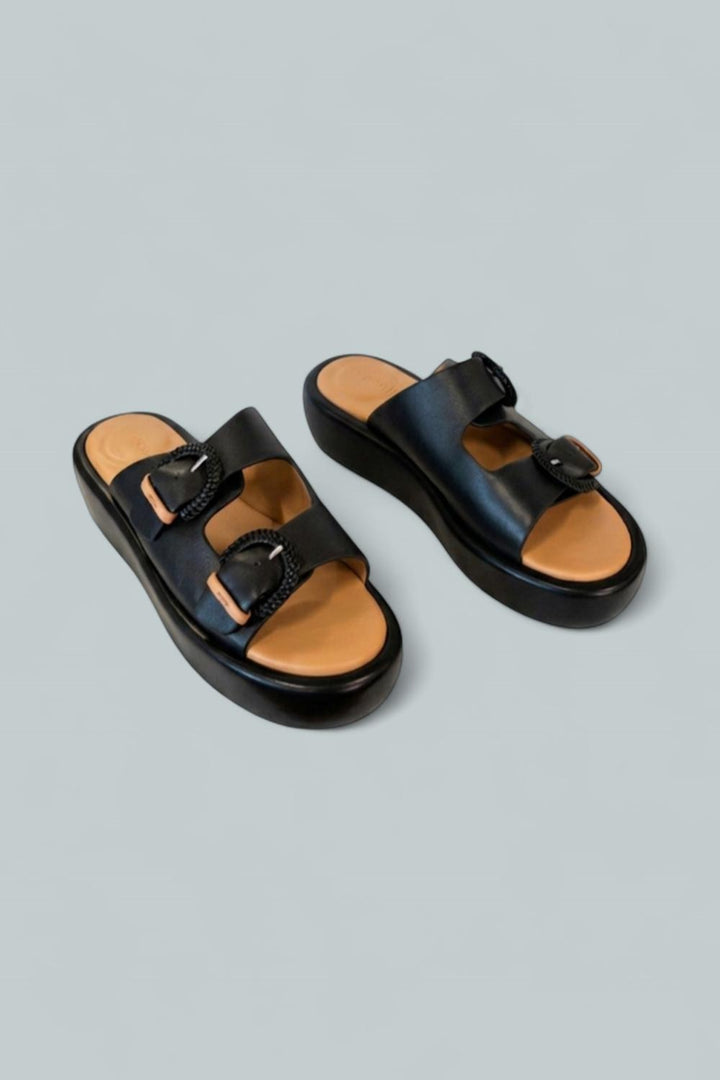Women’s Theresa Double Buckle Platform Sandals - Black Leather - 8.5 - Sandal