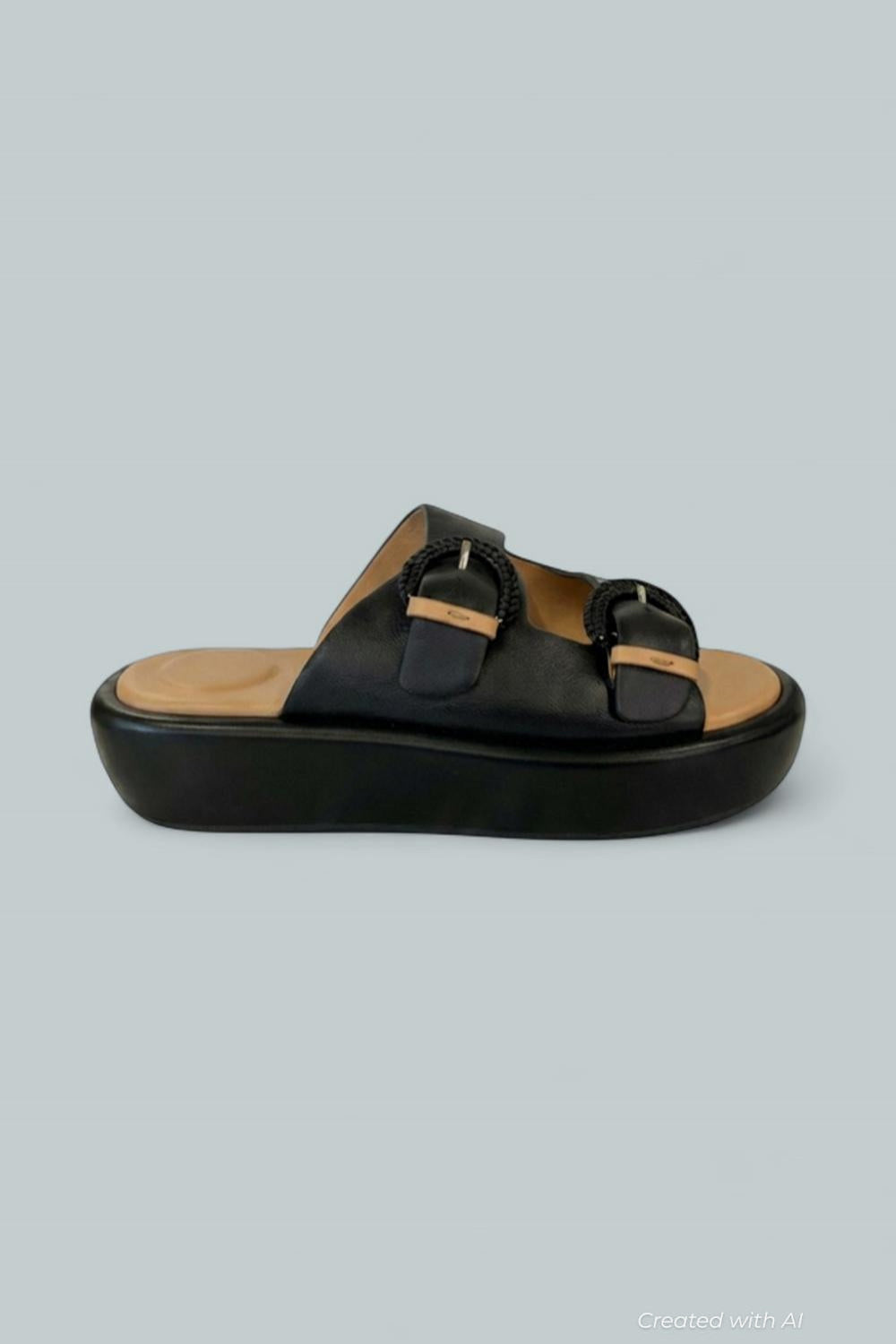 Women’s Theresa Double Buckle Platform Sandals - Black Leather - 8.5 - Sandal