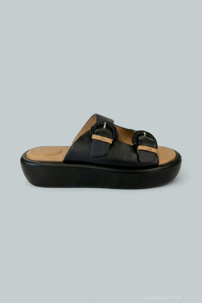 Women’s Theresa Double Buckle Platform Sandals - Black Leather - 8.5 - Sandal
