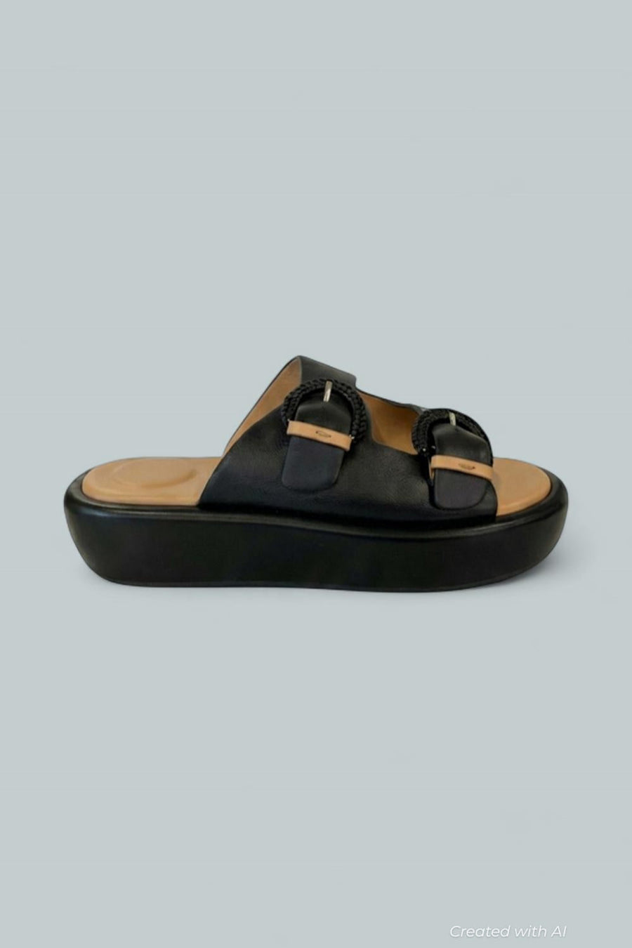 Women’s Theresa Double Buckle Platform Sandals - Black Leather - 8.5 - Sandal
