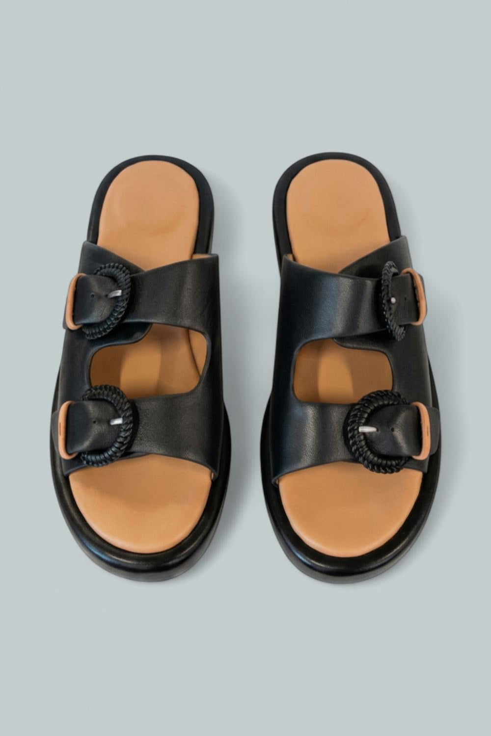 Women’s Theresa Double Buckle Platform Sandals - Black Leather - 8.5 - Sandal