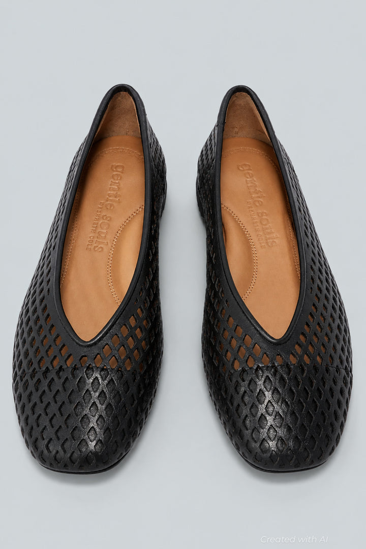 Women’s Willow Perforated Leather Ballet Flats - Black Leather - Flats