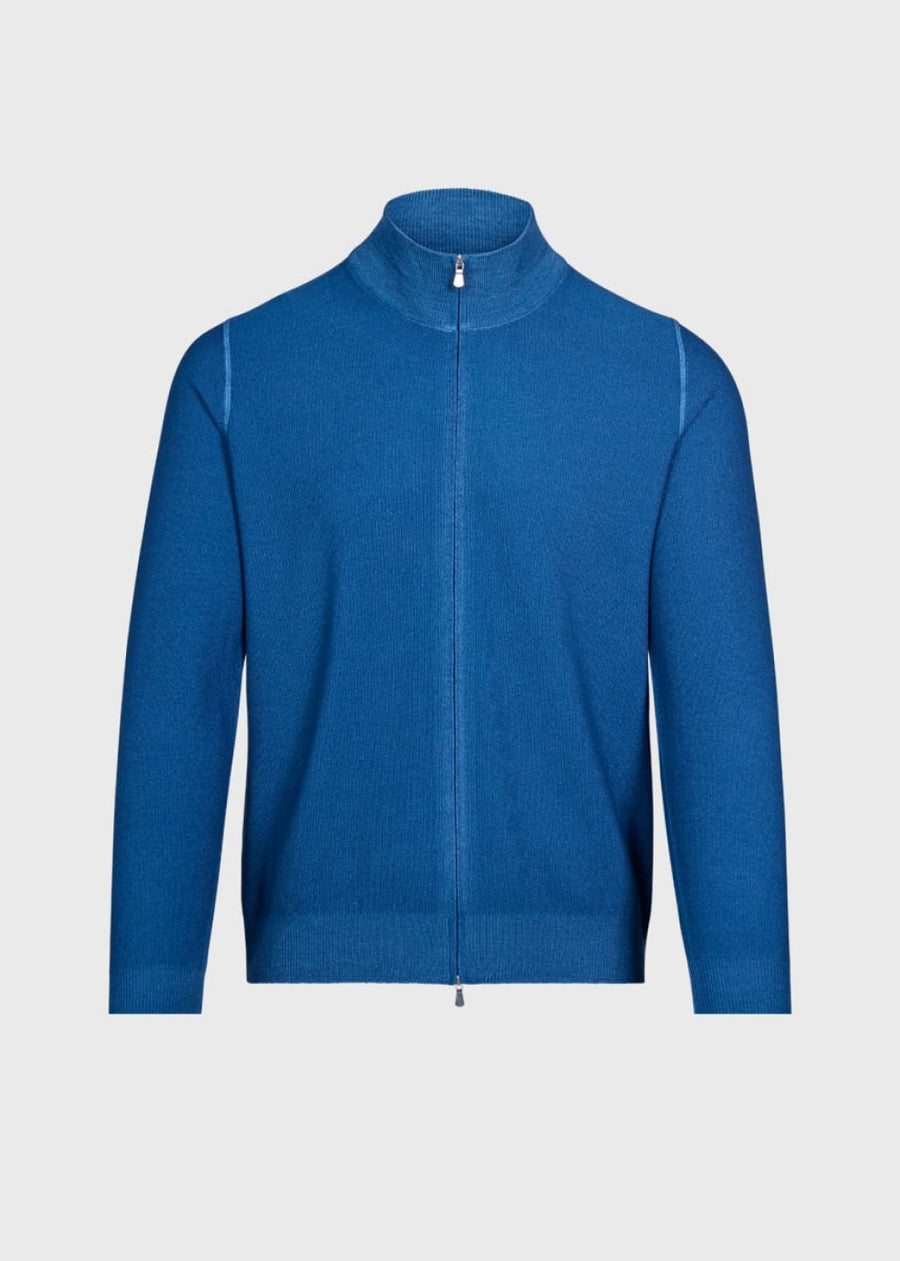 Wool Rice Stitch Zip Cardigan - Denim - XXL (46) - Cardigan