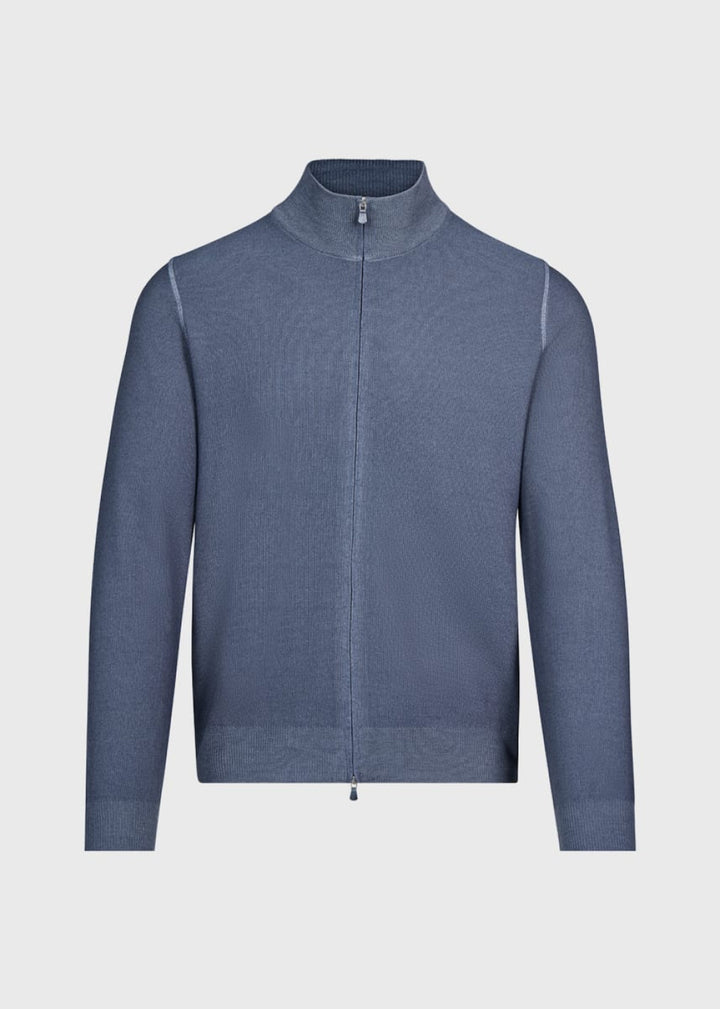 Wool Rice Stitch Zip Cardigan - Grey - Cardigan