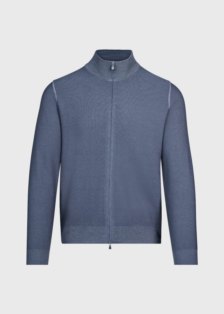 Wool Rice Stitch Zip Cardigan - Grey - Cardigan
