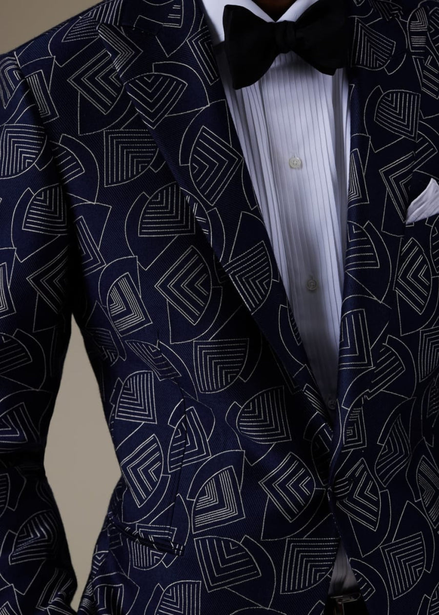 Wool & Silk Deco Dinner Jacket - Navy - 48 - Blazer