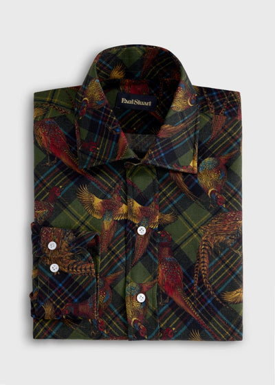 Wool & Silk Printed Sport Shirt - Olive - Collared Shirt