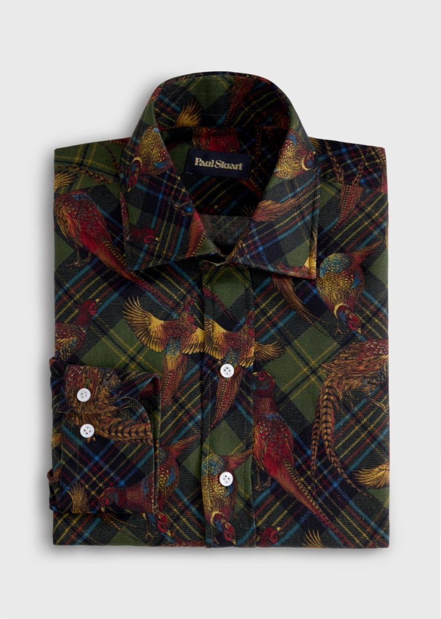 Wool & Silk Printed Sport Shirt - Olive - Collared Shirt