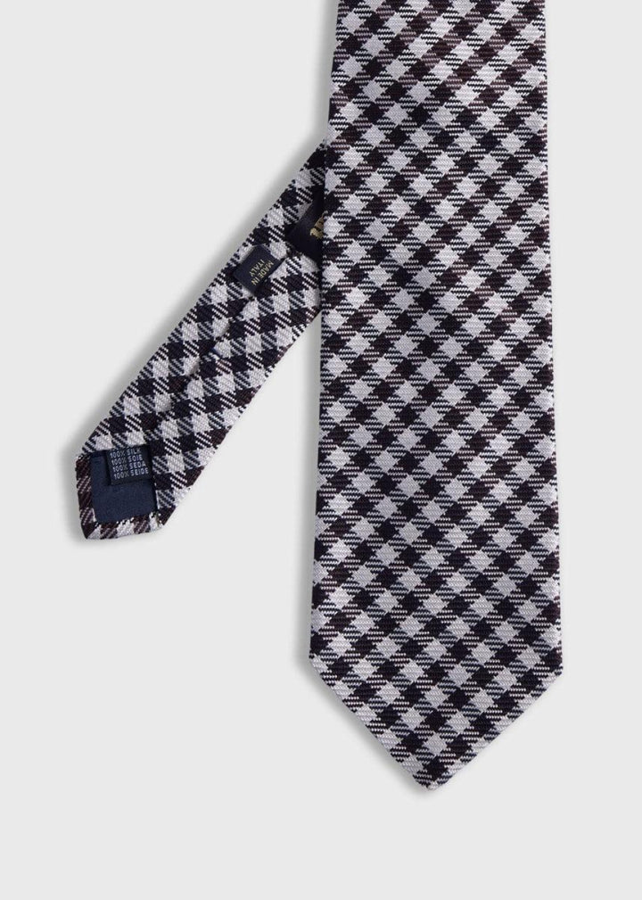Woven Silk Small Check Tie - Brown - ONE SIZE - Tie