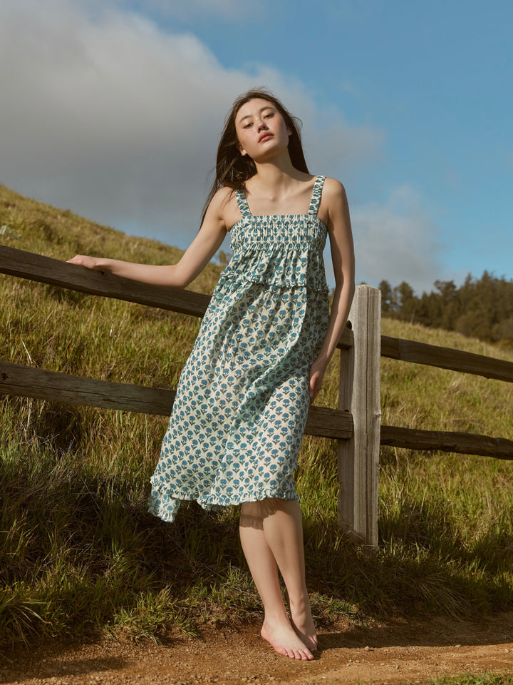 Gwen Ruffled Midi Nightgown - Ivory & Blue Bell