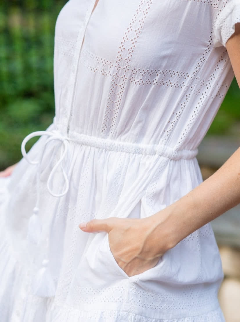 Sarah Dress Grid Eyelet - Fresh White