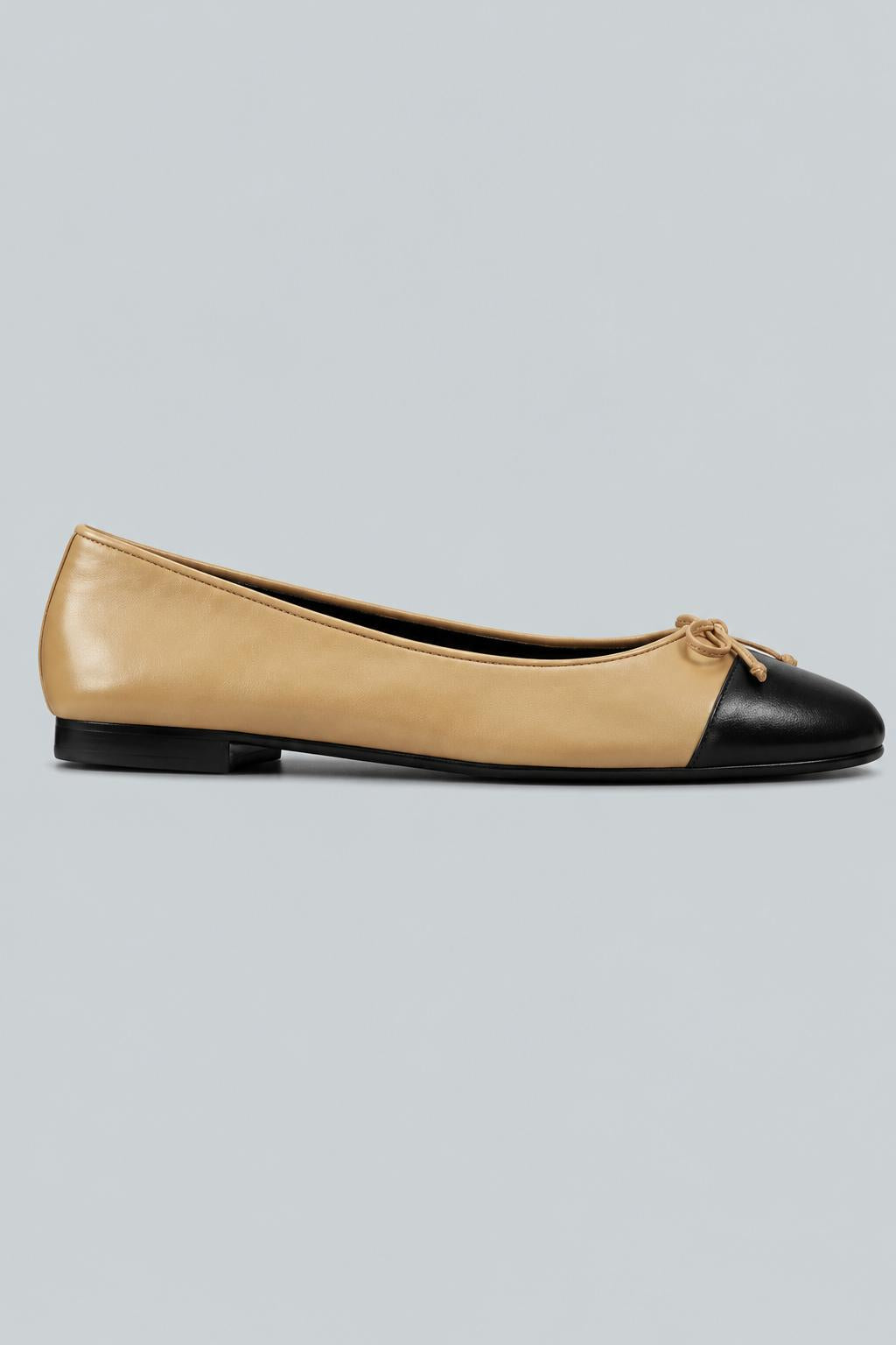 Cap Toe Ballerina Leather Shoes - Beige