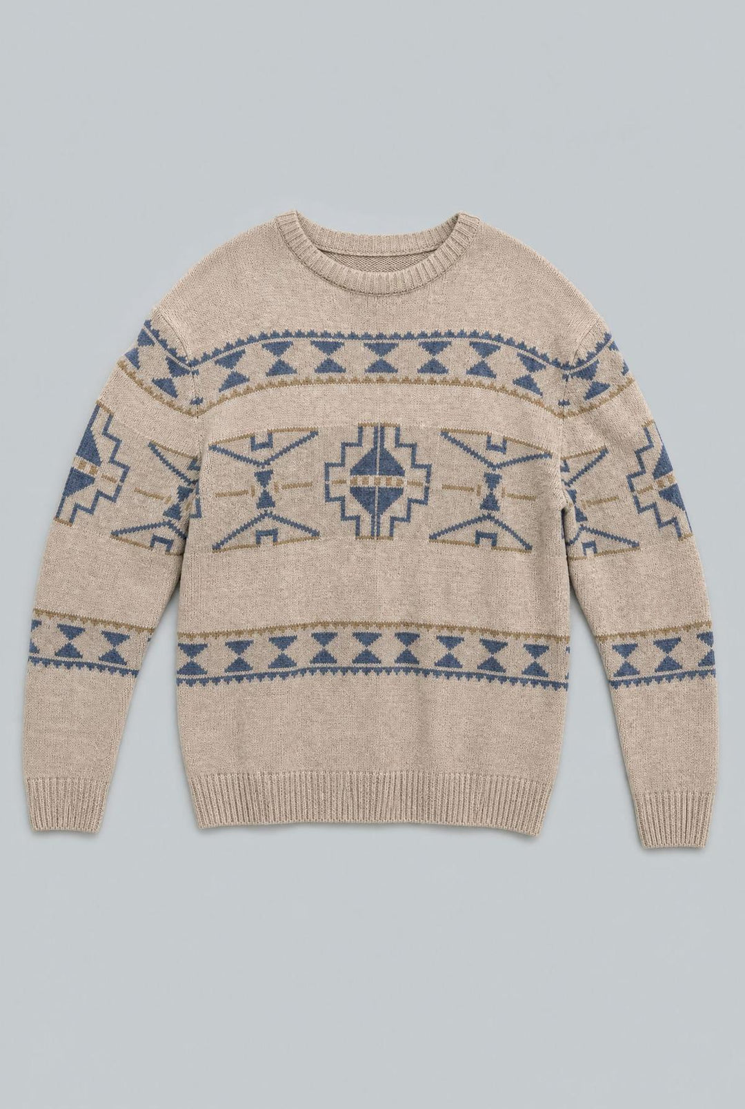 Natural Ethnic Patterned Crew Neck Pullover - Natural