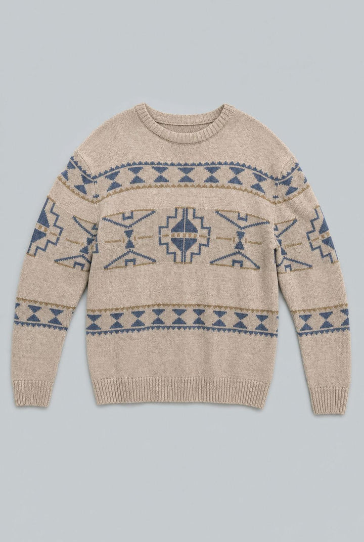 Natural Ethnic Patterned Crew Neck Pullover - Natural