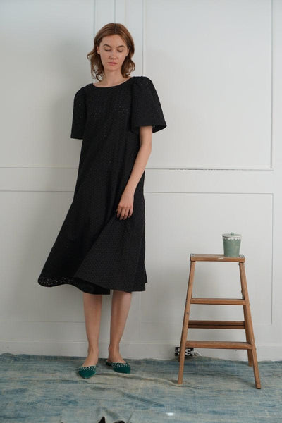 Embroidered Cotton Chloe Dress - Black