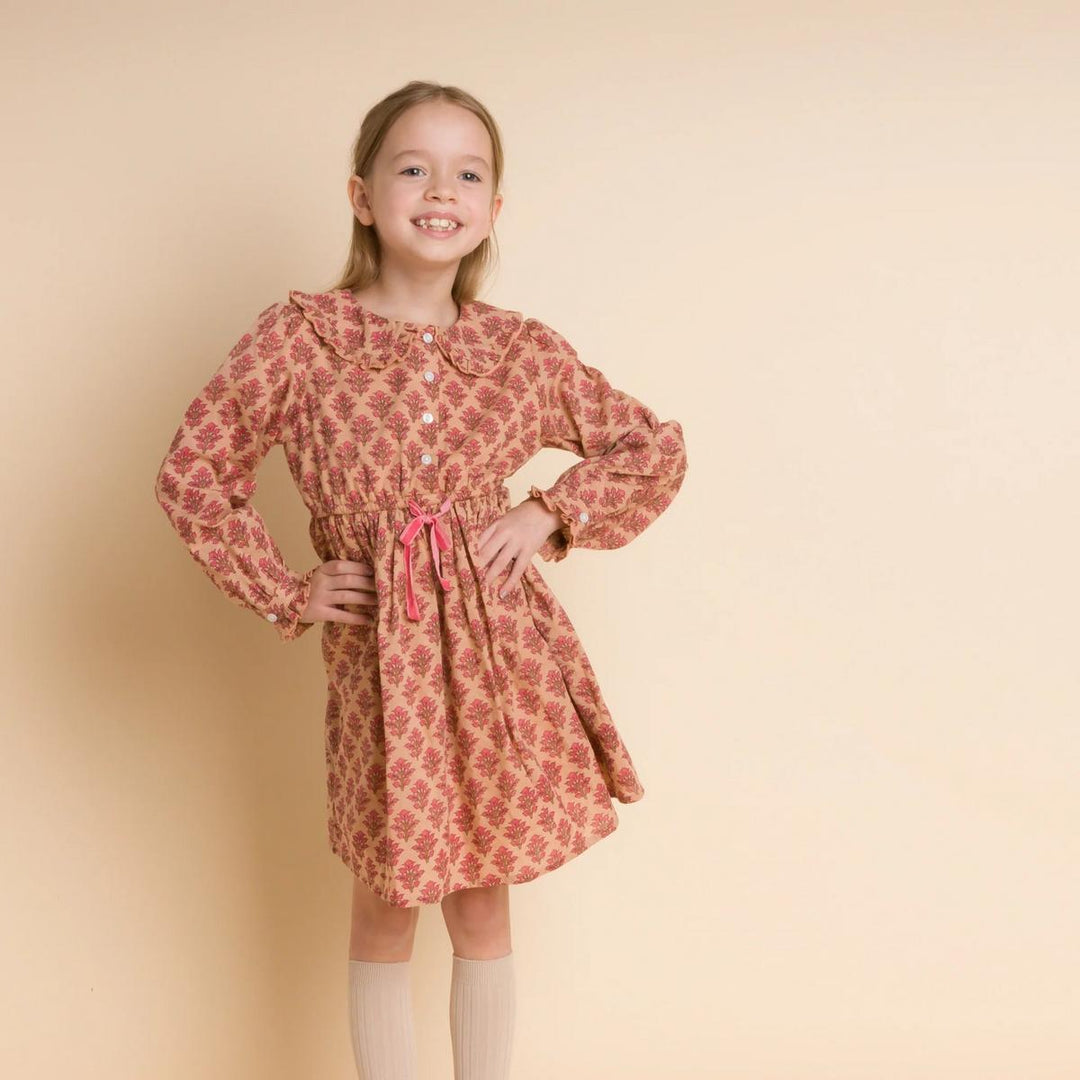 Girls' Long Sleeves Dress with Velvet Tie - Adelaide Vintage Pink