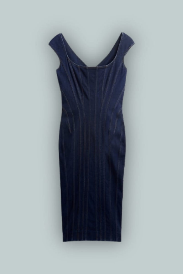 GapStudio Seamed Denim Cap-Sleeve Midi Dress - Dark Wash
