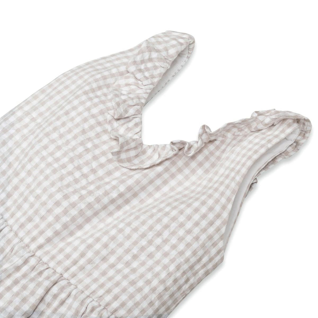Baby Ruffle Neck Organic Jumpsuit - Taupe Gingham Seersucker
