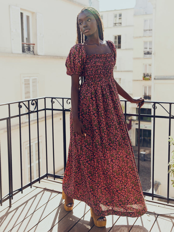 Aurora Puff Sleeve Maxi Dress - Faded Onyx/Light Ruby Floral