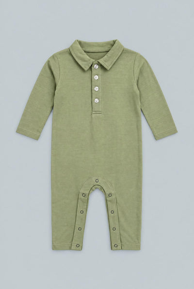 Long Sleeve Polo Romper - Army Green