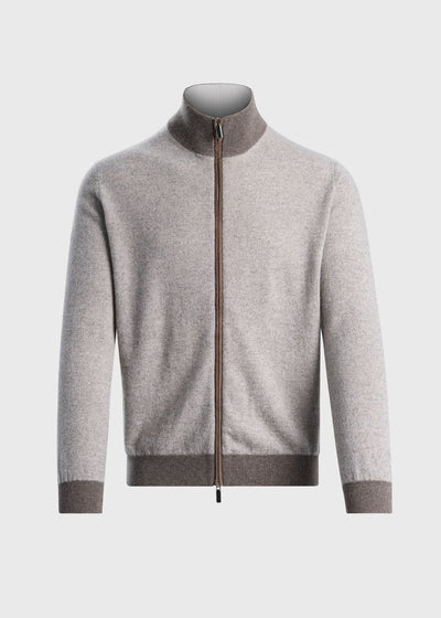 Cashmere Melange Fullzip Suede Trim Cardigan - Mocha