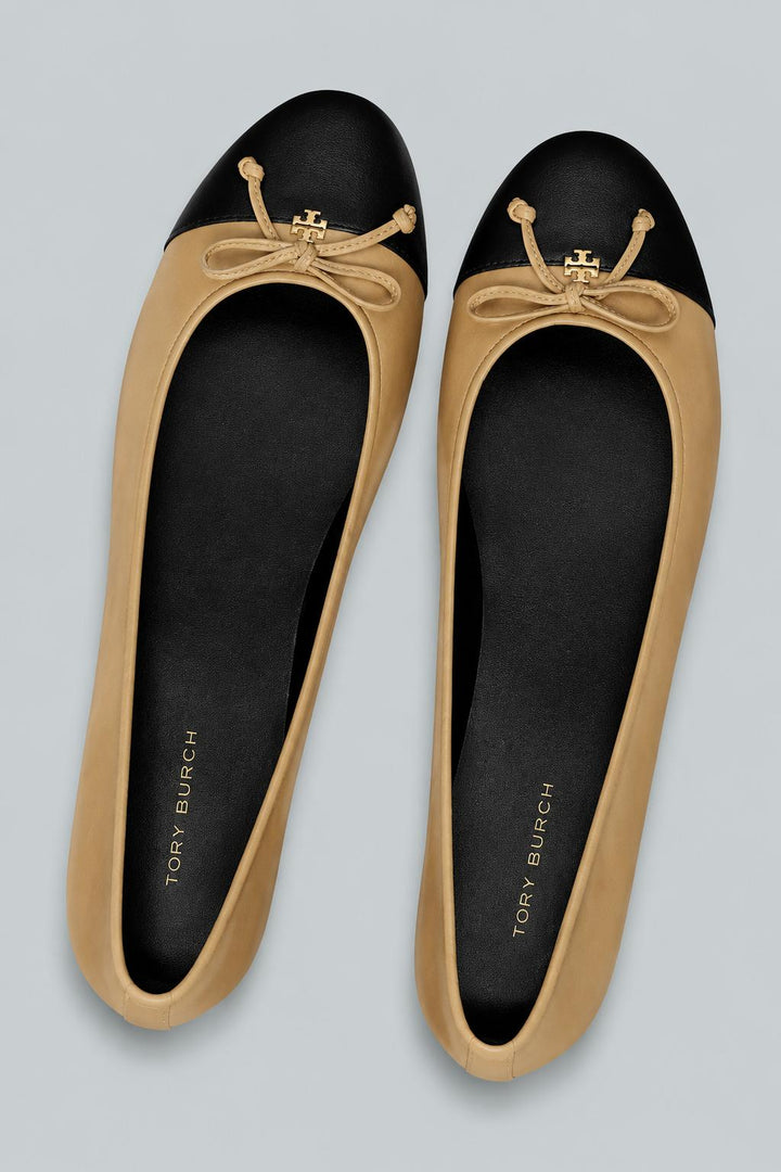 Cap Toe Ballerina Leather Shoes - Beige