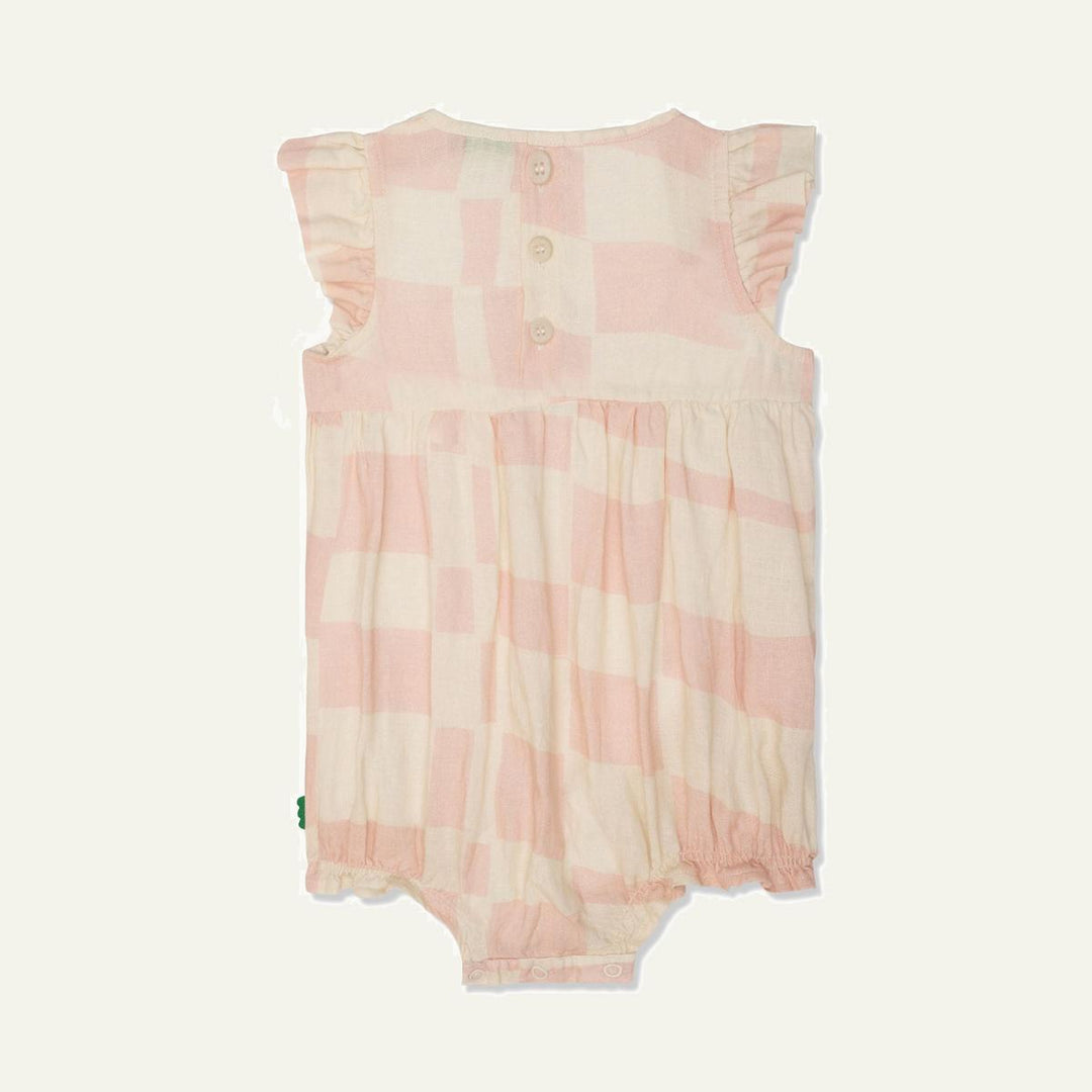 Checkered Linen Baby Girl Romper - Natural/sepia Rose