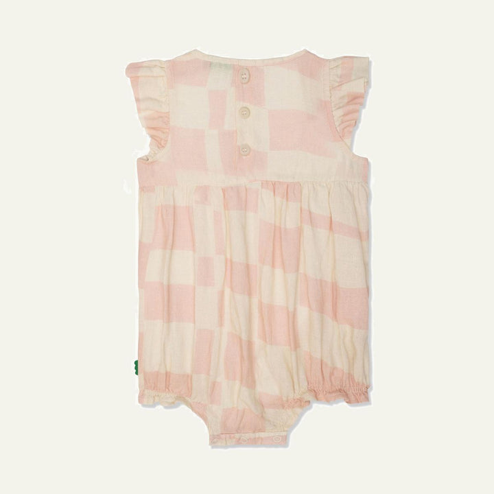 Checkered Linen Baby Girl Romper - Natural/sepia Rose