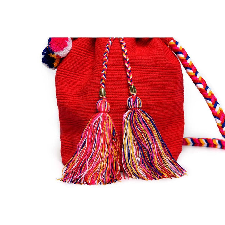Rainbow Woven Mochila Bucket Bag - Red