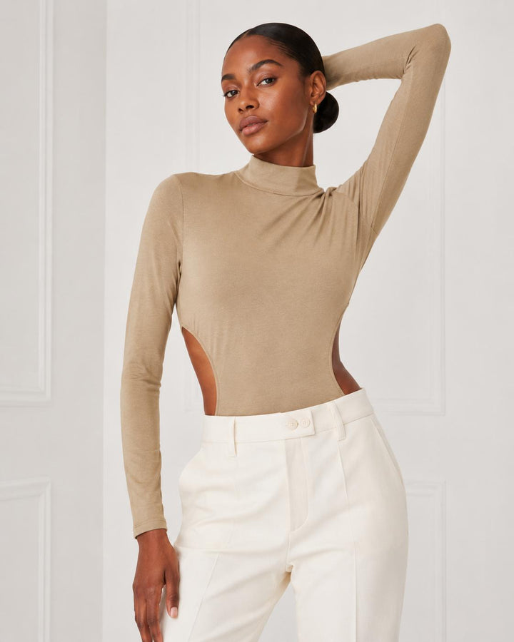 Turtleneck Cut Out Bodysuit - Khaki